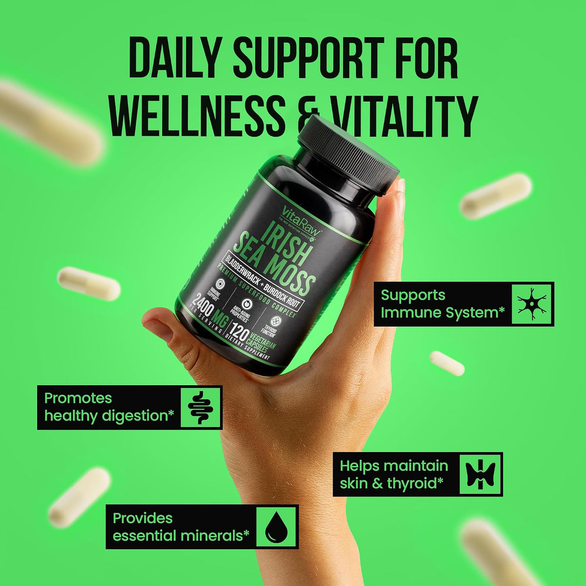 VitaRaw Organic Irish Sea Moss Capsules - 2400 mg for Immune & Joint Health - görsel 3
