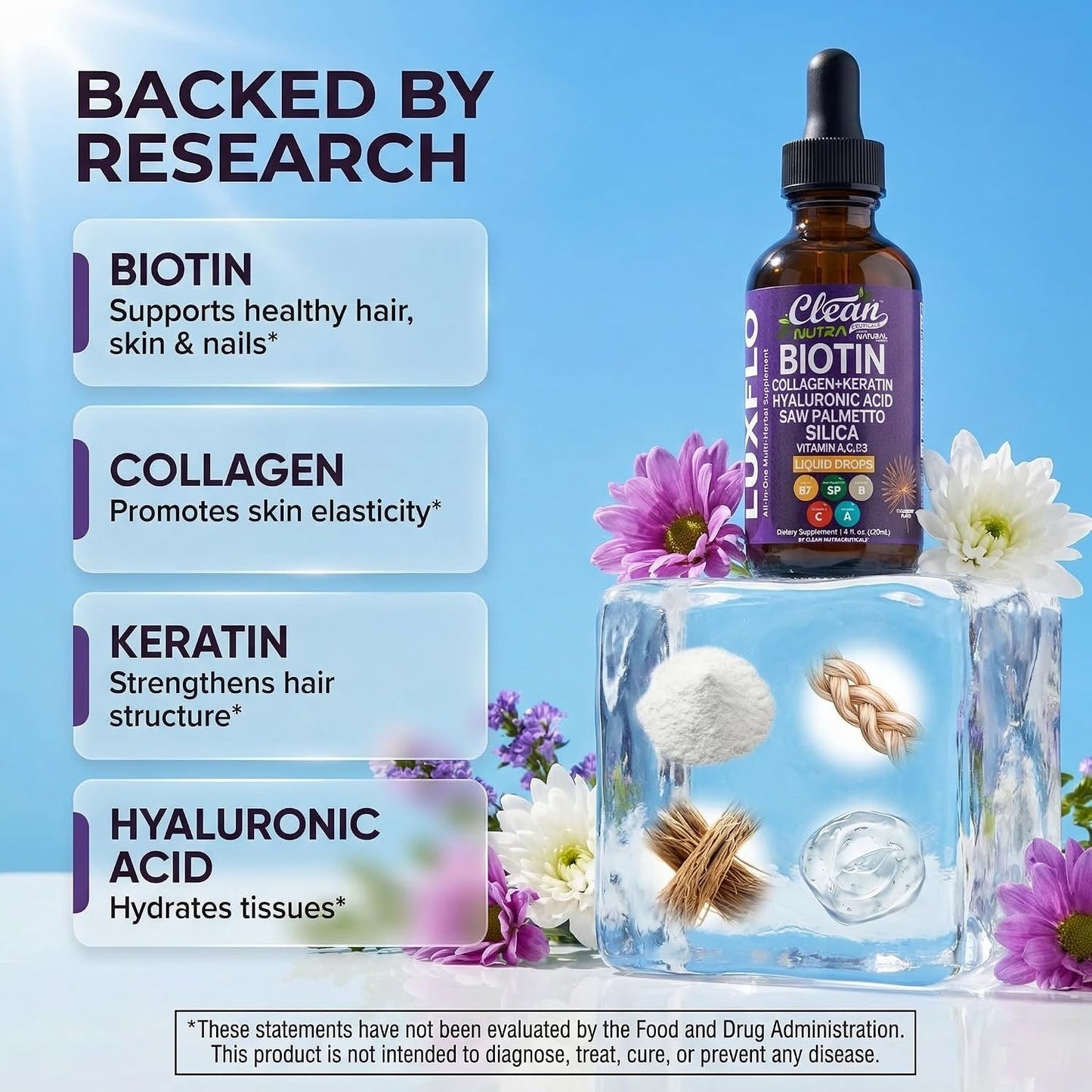 LuxFlo Liquid Hair, Skin & Nails Drops – Biotin, Collagen & Hyaluronic Acid - görsel 3
