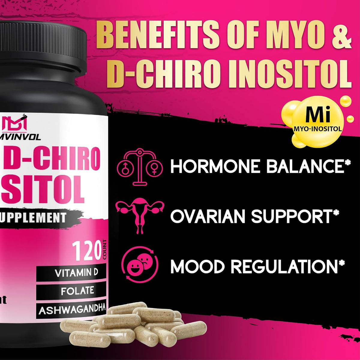 BMVINVOL 2,050mg Myo-Inositol & D-Chiro Inositol Capsules with Folate, Vitamin D & Ashwagandha - 40:1 Ratio for Hormone Balance - 120 Capsules - görsel 3