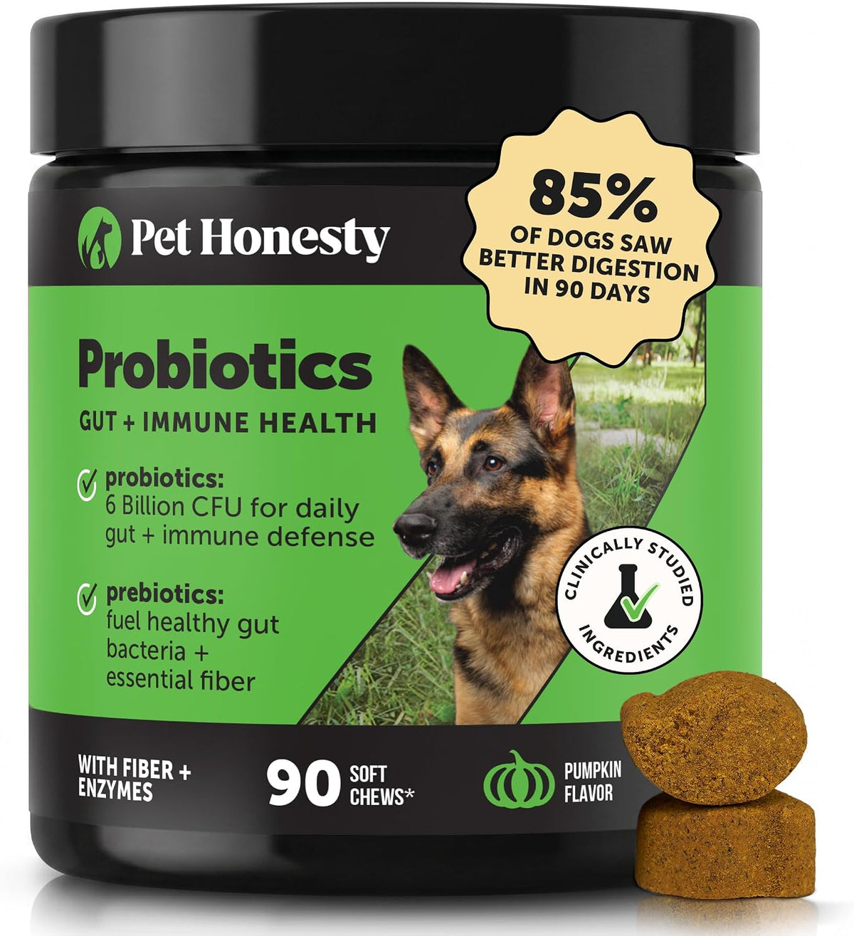 Pet Honesty 6 Billion CFU Dog Probiotics with Prebiotics, Digestive Enzymes & Fibre - Pumpkin Flavour, 90 Chews - görsel 1