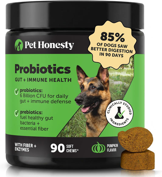 Pet Honesty 6 Billion CFU Dog Probiotics with Prebiotics, Digestive Enzymes & Fibre - Pumpkin Flavour, 90 Chews