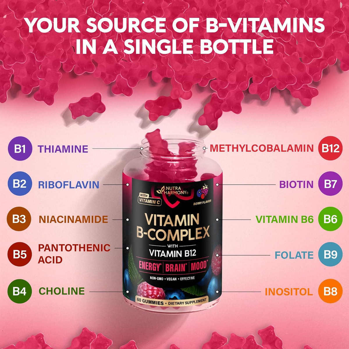 Vitamin B-Complex Gummies – Energy & Brain Support – Vegan – 60 Count - görsel 6