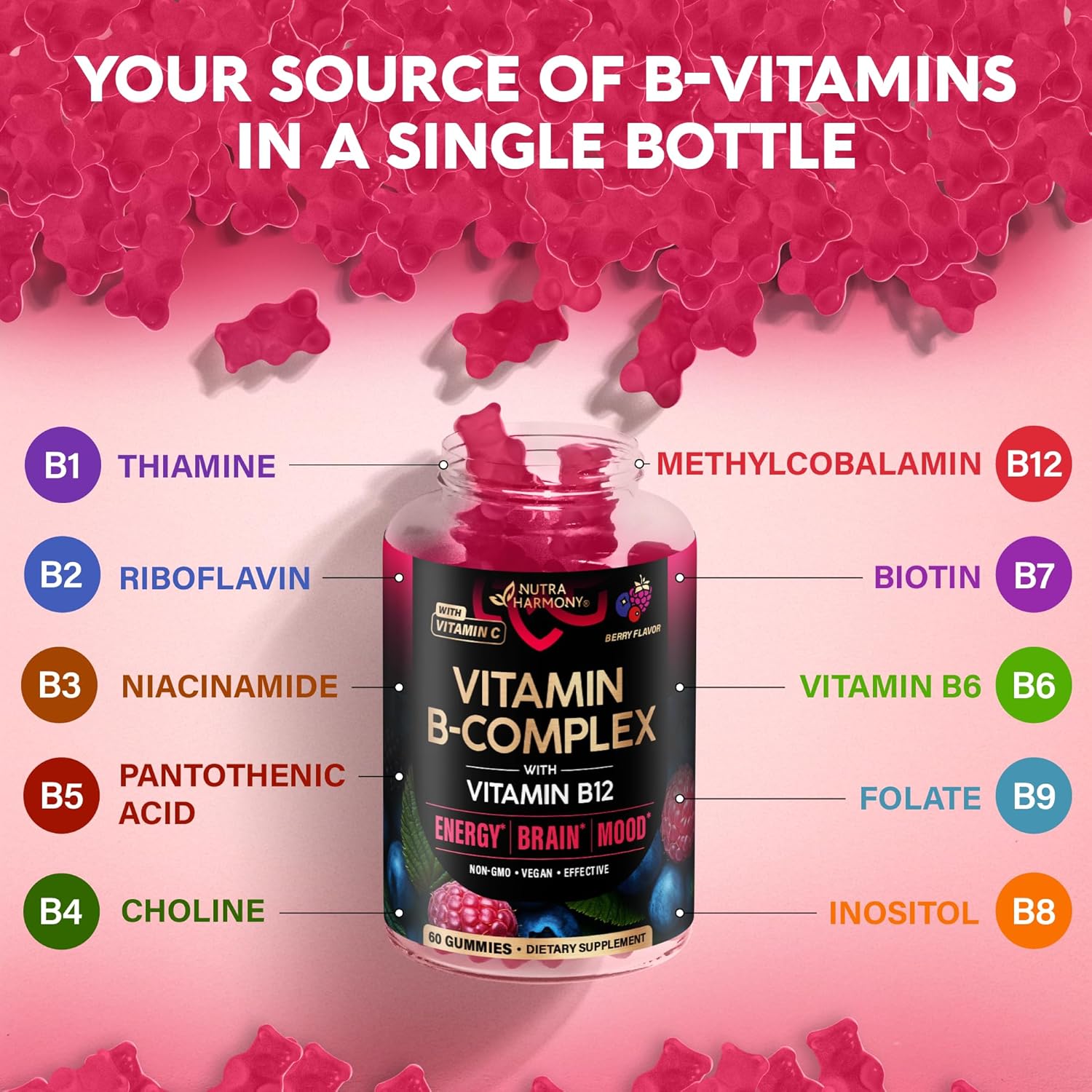Vitamin B-Complex Gummies – Energy & Brain Support – Vegan – 60 Count - görsel 6
