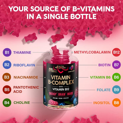Vitamin B-Complex Gummies – Energy & Brain Support – Vegan – 60 Count