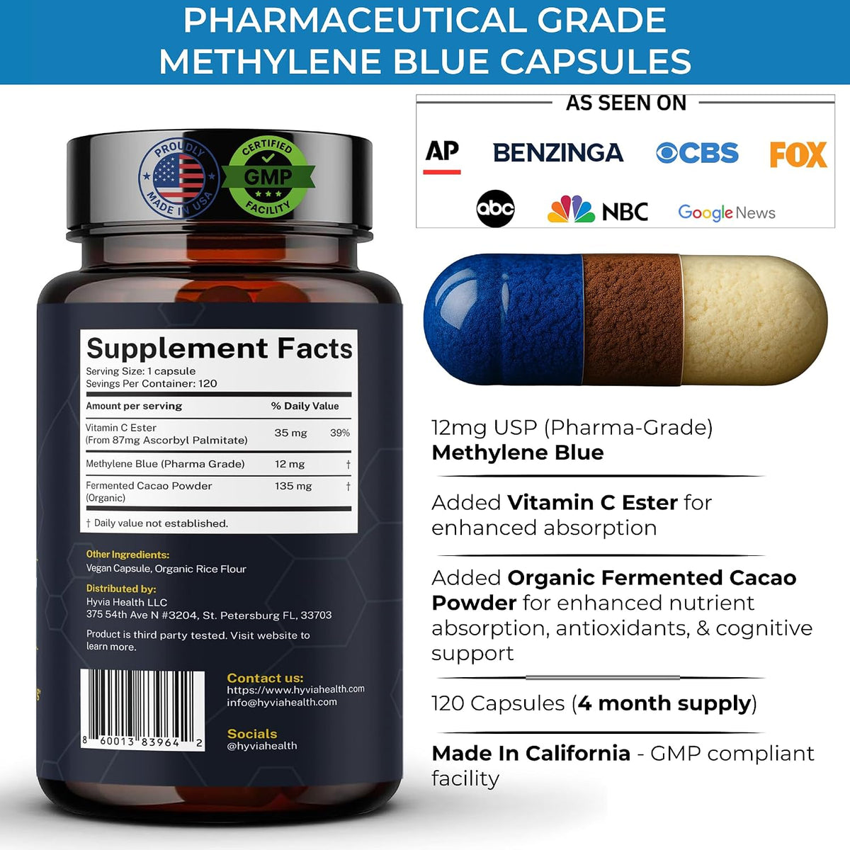 Methylene Blue Capsules - USP Pharmaceutical Grade with Vitamin C - 120 Capsules - görsel 2
