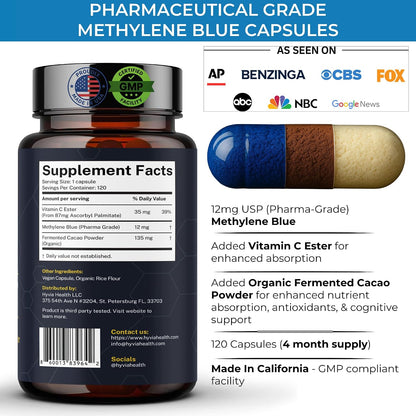 Methylene Blue Capsules - USP Pharmaceutical Grade with Vitamin C - 120 Capsules