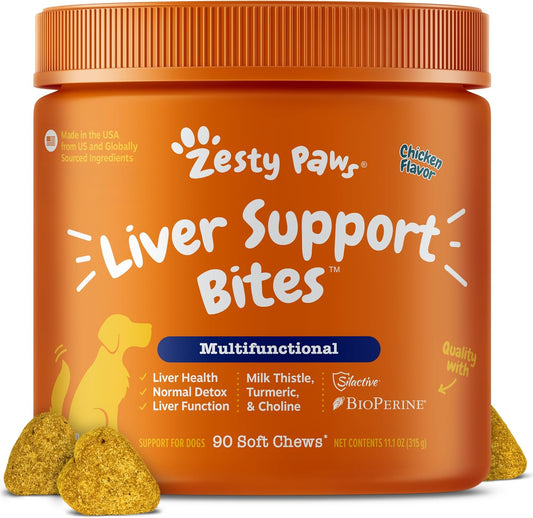 Zesty Paws Liver Support Supplement for Dogs – Milk Thistle, Turmeric, Choline Soft Chews