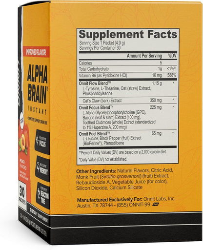 ONNIT Alpha Brain Instant Cognitive Support Drink Mix, Peach Flavour, 30 Sachets