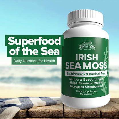 Country Farms Irish Sea Moss Capsules - Supports Healthy Skin, Immune Support, Healthy Gut & Natural Energy - with Burdock Root and Bladderwrack - 90 Capsules