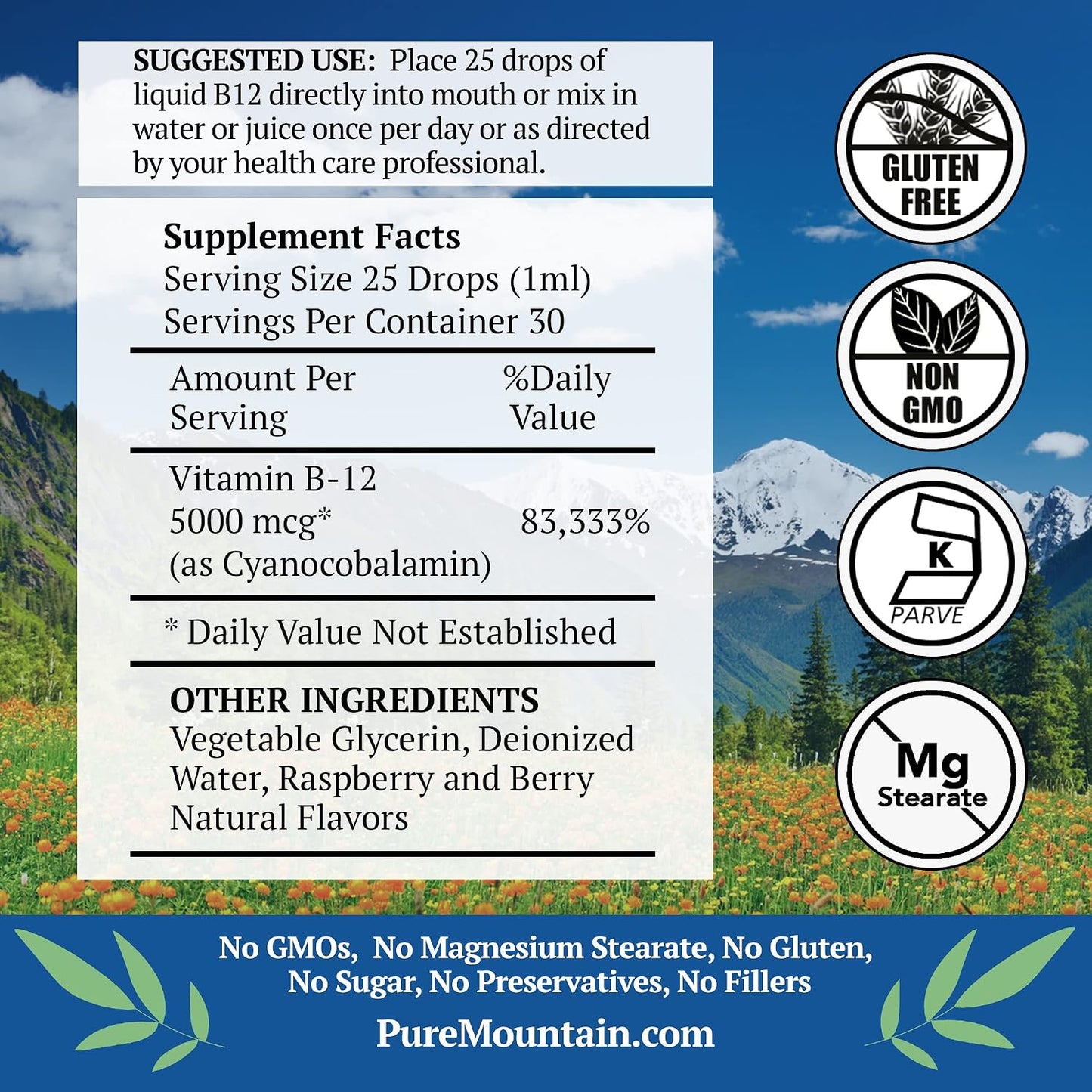 Pure Mountain Botanicals B12 5000 mcg Liquid Drops - Natural Berry Flavour - Vegan, Kosher B12 Supplement - görsel 2