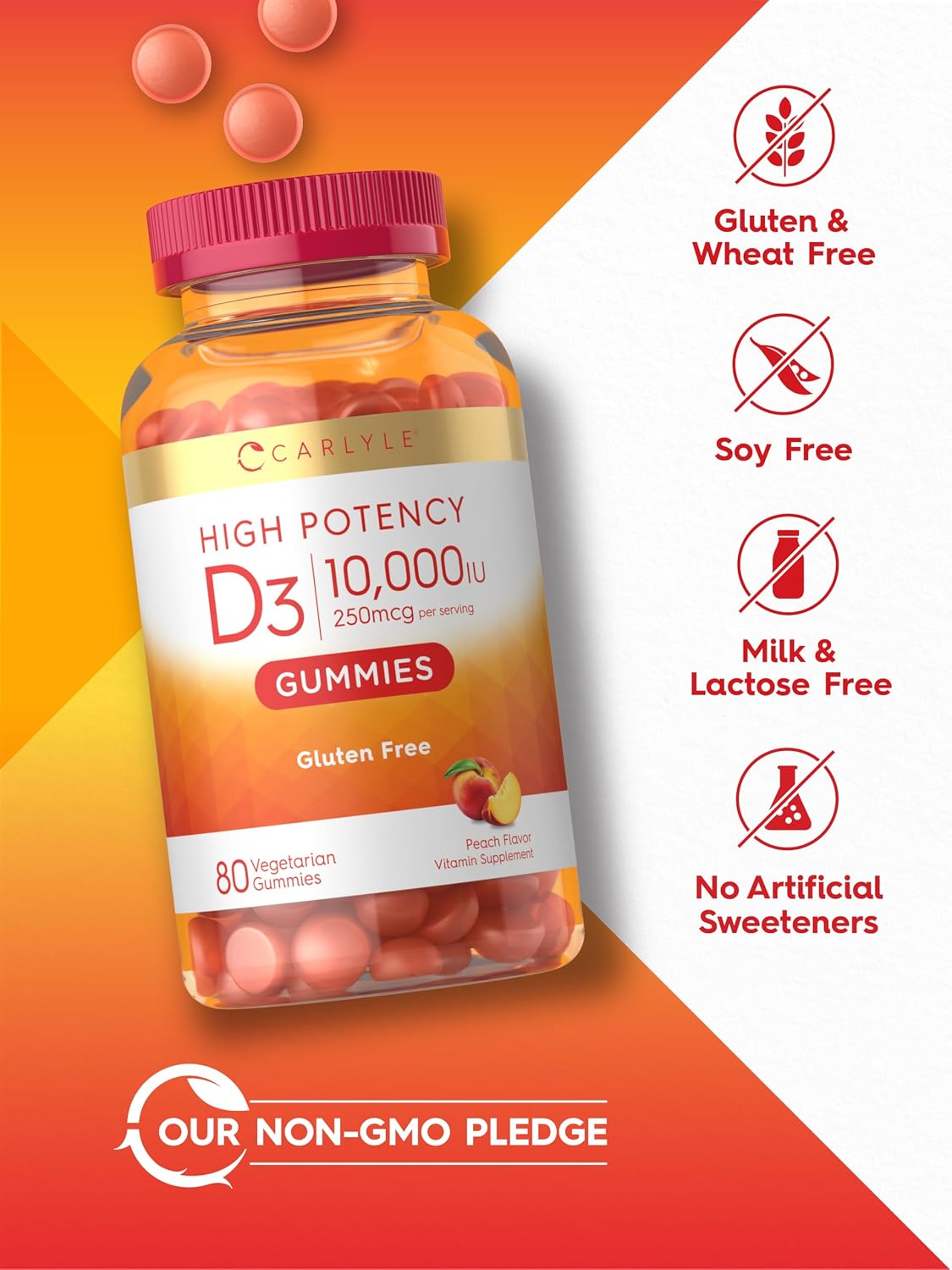 Carlyle Vitamin D3 10000 IU Gummies for Adults - 80 Count, Peach Flavoured, High Potency, Vegetarian, Non-GMO, Gluten-free - görsel 5