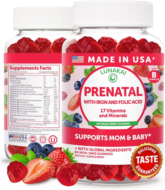 Lunakai USA-made 17-in-1 Prenatal Vitamins for Women with Iron & Folic Acid – Delicious Daily Prenatal Gummies for Maternal Wellness Support, 60ct