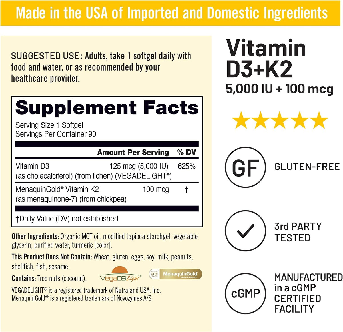 NatureWise Vegan Vitamin D3 + K2 with Organic Coconut MCT Oil - Natural D3 5000IU + Natural K2 100mcg - High Absorption Bone Support - Soya &amp; Gluten-free - USA Manufactured - 90 Soft gel capsules - görsel 6
