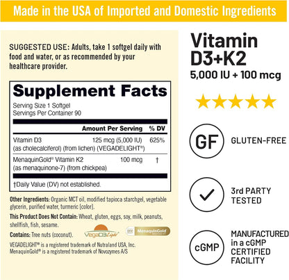 NatureWise Vegan Vitamin D3 + K2 with Organic Coconut MCT Oil - Natural D3 5000IU + Natural K2 100mcg - High Absorption Bone Support - Soya &amp; Gluten-free - USA Manufactured - 90 Soft gel capsules