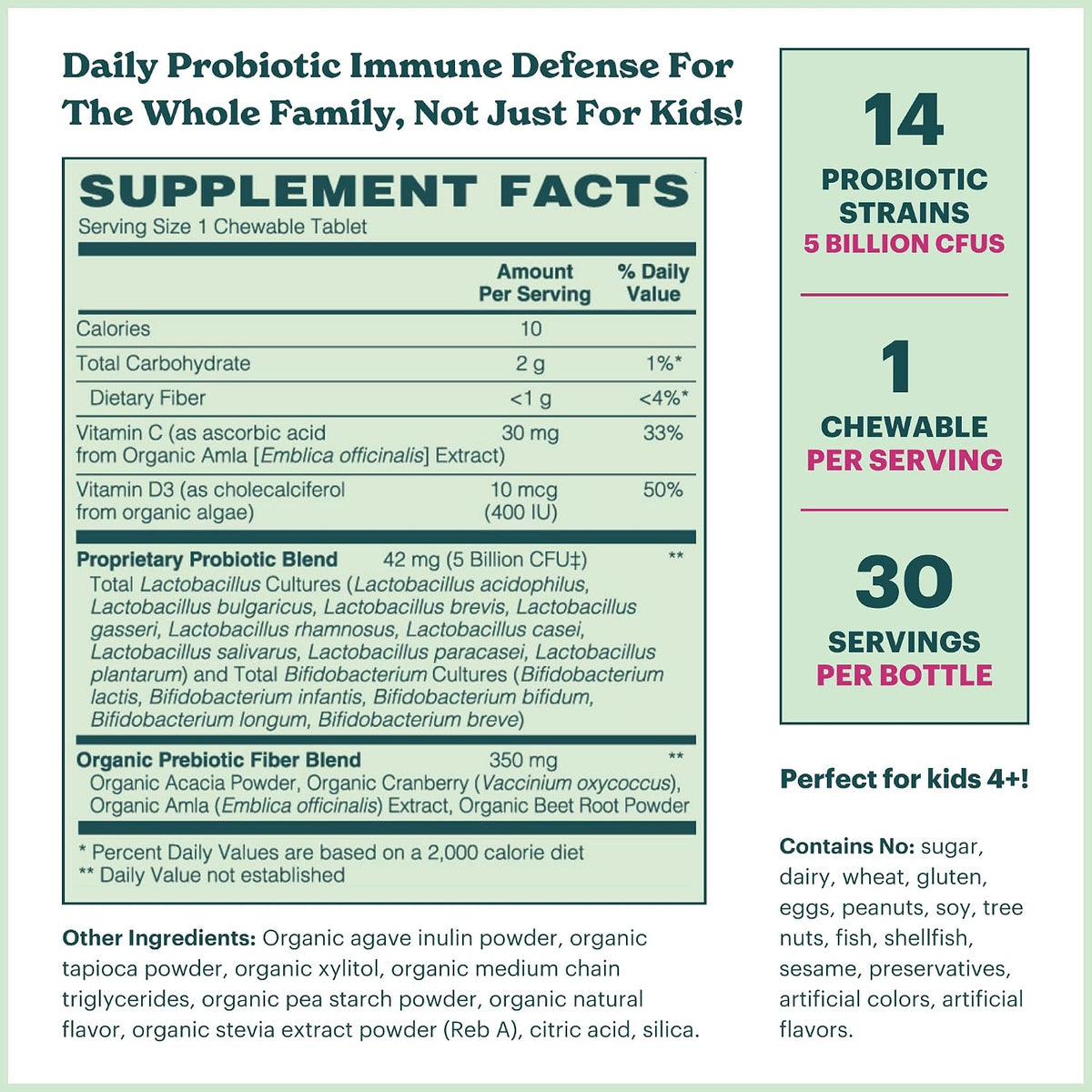 MamaDoc Rx Certified Organic Kids & Teens Probiotic Immune Defence – 5 Billion CFUs, Sugar Free, Vegan, Gluten-free, 14 Probiotic Strains with Prebiotics, Vitamin C & D, 30 Chewable Tablets for Ages 4+ - görsel 4