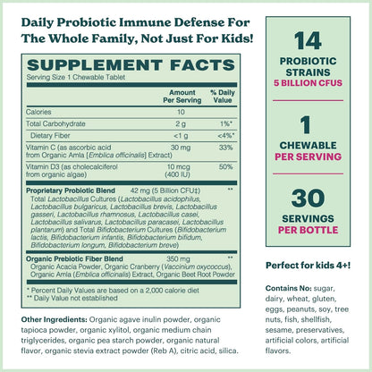 MamaDoc Rx Certified Organic Kids & Teens Probiotic Immune Defence – 5 Billion CFUs, Sugar Free, Vegan, Gluten-free, 14 Probiotic Strains with Prebiotics, Vitamin C & D, 30 Chewable Tablets for Ages 4+