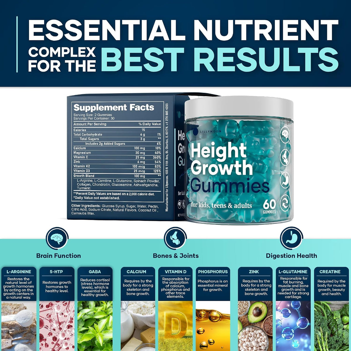 Height Growth Gummies Multivitamins – Natural Height Support Supplement with Calcium, Zinc, K2, D3, Magnesium – Bone Health Support for Adults and Children - görsel 2