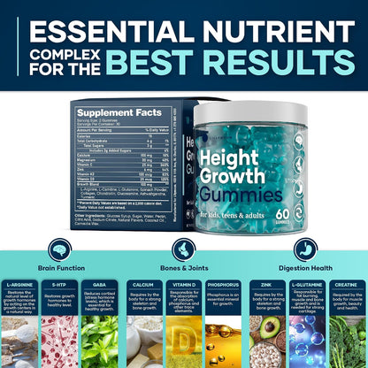 Height Growth Gummies Multivitamins – Natural Height Support Supplement with Calcium, Zinc, K2, D3, Magnesium – Bone Health Support for Adults and Children