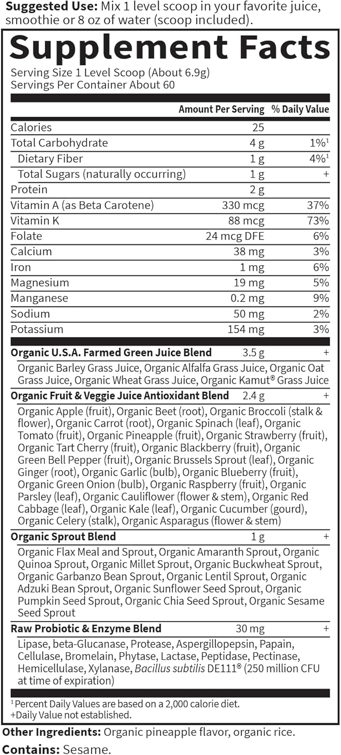 Garden of Life Super Greens Powder Smoothie & Mix, Probiotics & Digestive Enzymes for Digestive Health, Organic Superfoods Nutrition Fruit and Vegetables for Women and Men Energy, Original, 60 Servings - görsel 6