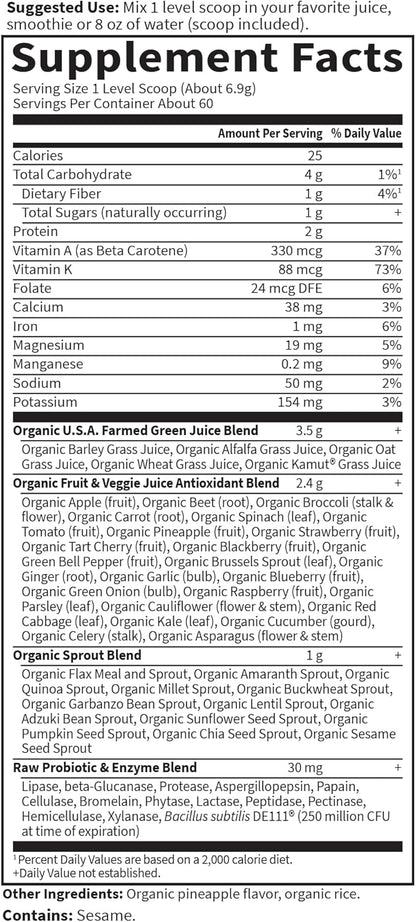 Garden of Life Super Greens Powder Smoothie & Mix, Probiotics & Digestive Enzymes for Digestive Health, Organic Superfoods Nutrition Fruit and Vegetables for Women and Men Energy, Original, 60 Servings