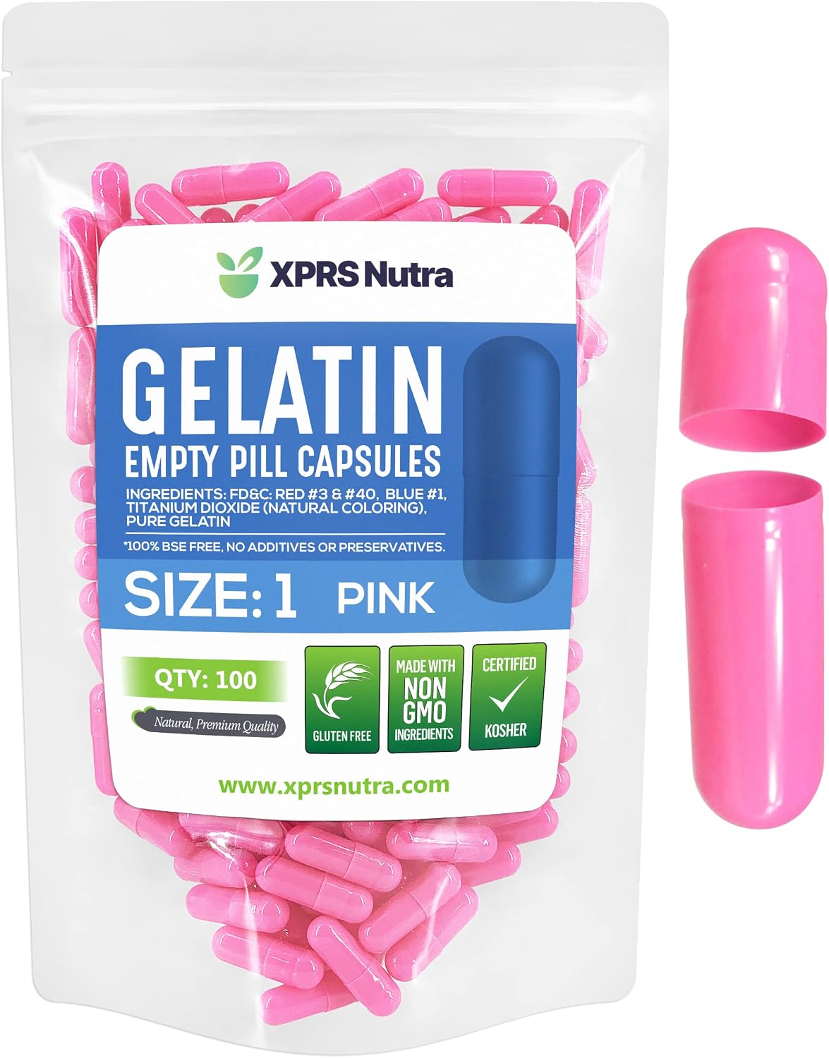 XPRS Nutra Size 1 Empty Gelatin Capsules - 100 Count (Pink) - görsel 1