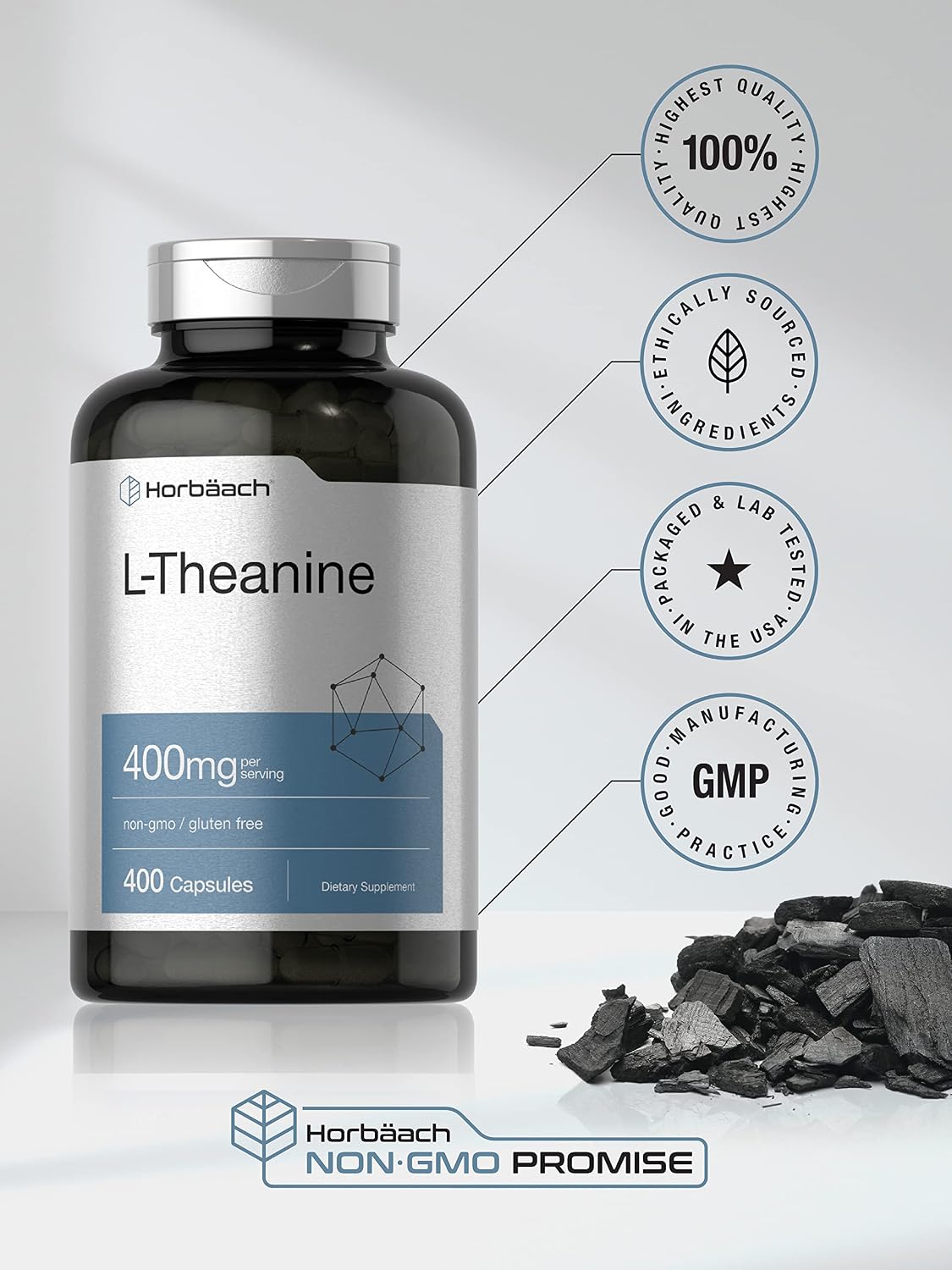 Horbäach L-Theanine 400mg, 400 Capsules - High Potency Food Supplement, Non-GM & Gluten-free - görsel 5