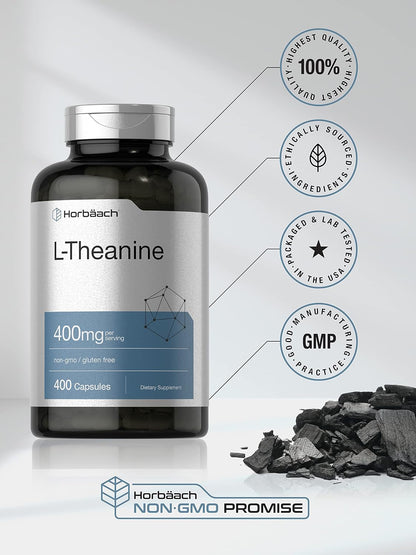 Horbäach L-Theanine 400mg, 400 Capsules - High Potency Food Supplement, Non-GM & Gluten-free