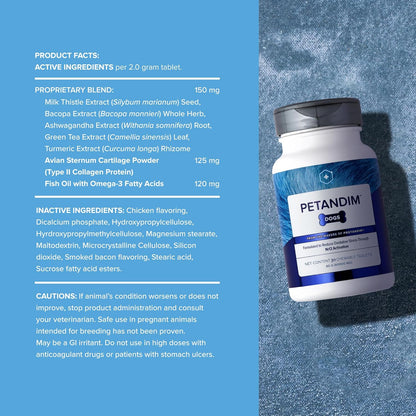 Petandim Dog Vitamins (30 Chewable Tablets) – Antioxidants, Joint Support, Skin and Coat Supplement, Omega-3 & Collagen, Chicken + Bacon Flavour