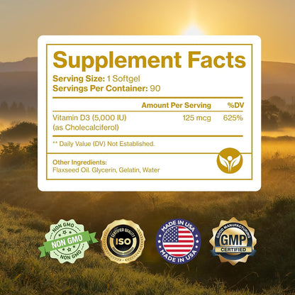 Pure Micronutrients Pure D3 – Vitamin D3 5000 IU, Natural Vitamin D Supplement (Cholecalciferol) – Immune Support, Muscle Function & Bone Health – 90 Mini Softgels