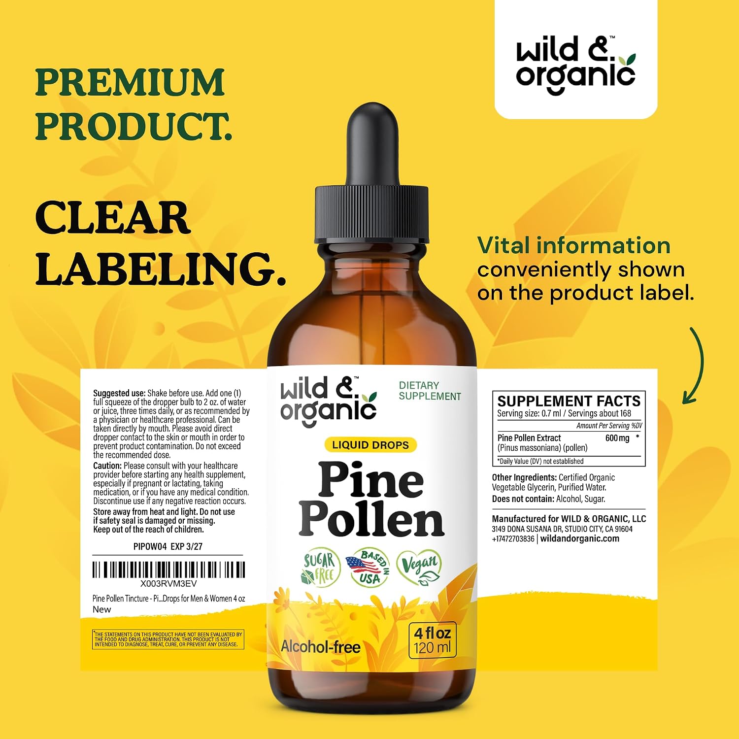 Wild & Organic Pine Pollen Tincture - Pinus Massoniana Extract Drops - Vegan, Alcohol-Free Liquid Supplement - 118 ml - görsel 9