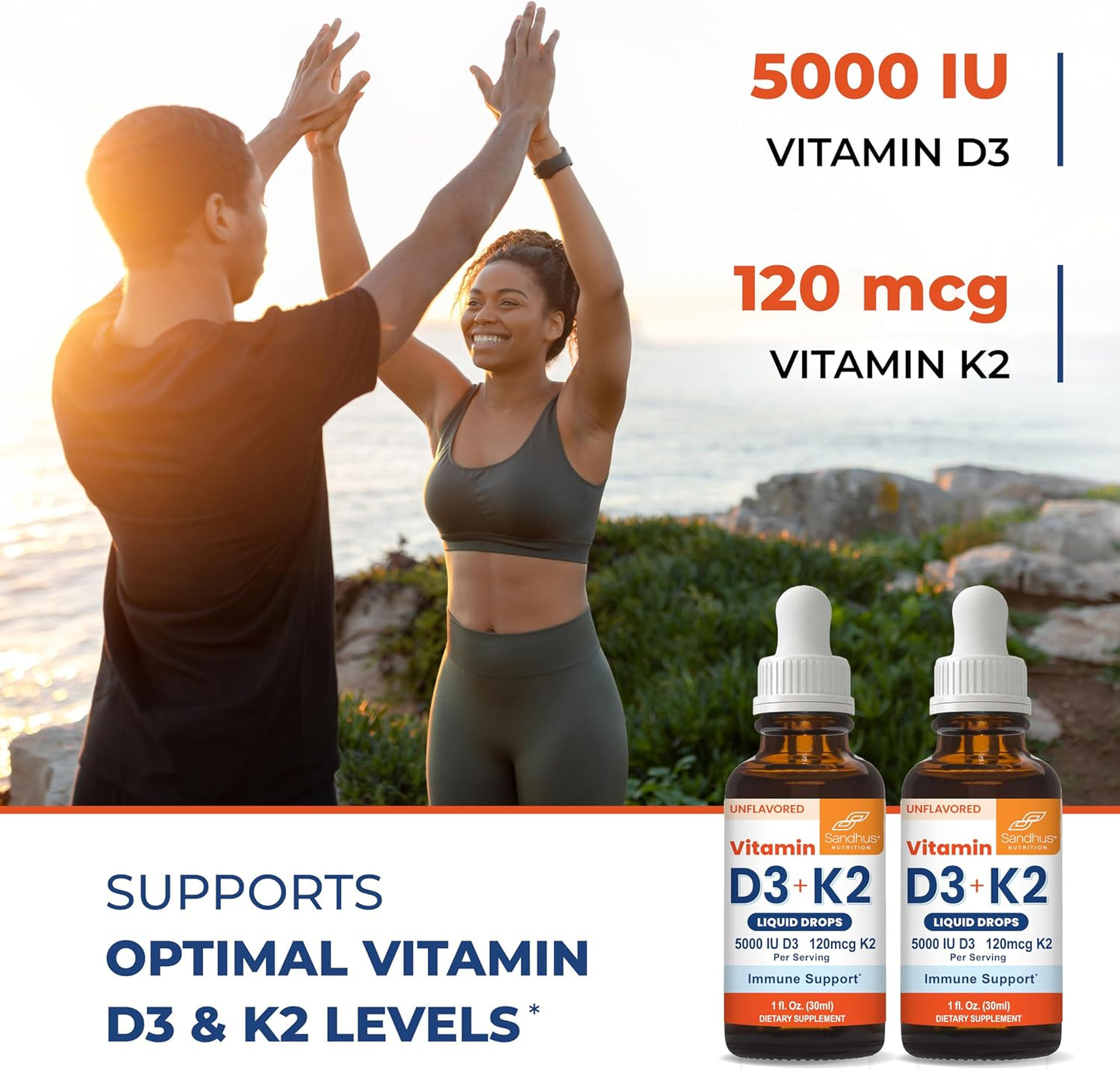 Sandhu's Vitamin D3 K2 Drops - 5000 IU D3 + 120 mcg K2 - Liquid Supplement, 1 fl oz (Pack of 2) - görsel 2