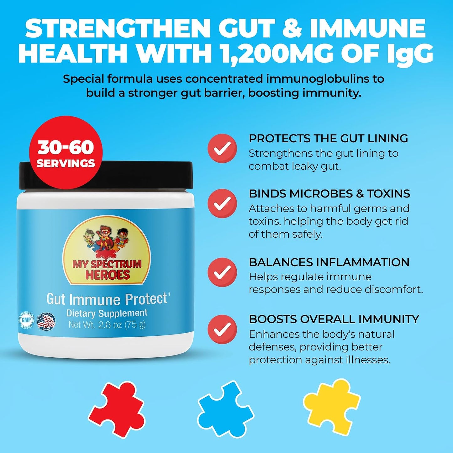 My Spectrum Heroes: Dairy-free Gut & Immune Booster - 1,200 mg of Pure IgG for Mucosal Immunity, Strong GI Barrier, Digestive Harmony, and Better Mental & Behavioural Health in Kids, with 60 Servings - görsel 2