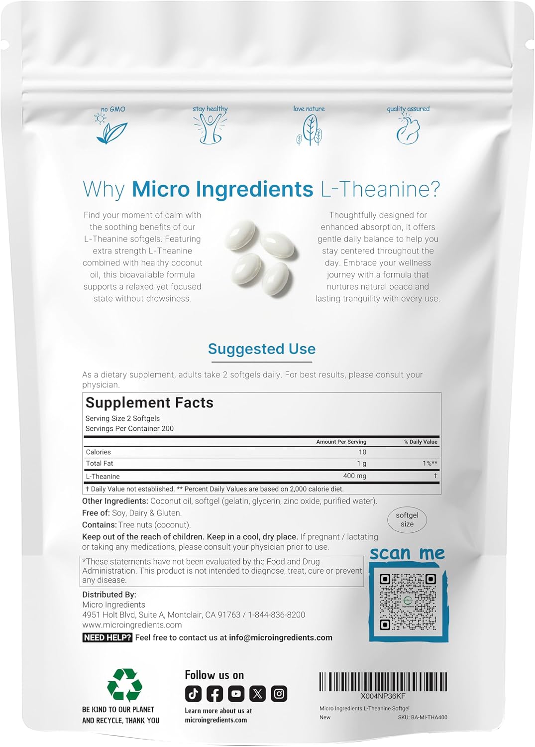 Micro Ingredients L-Theanine 400mg, 400 Soft gel capsules | Highly Bioavailable with Coconut Oil | Calm & Relaxation Support + Focus Supplement | Non-GMO, Gluten-free - görsel 2