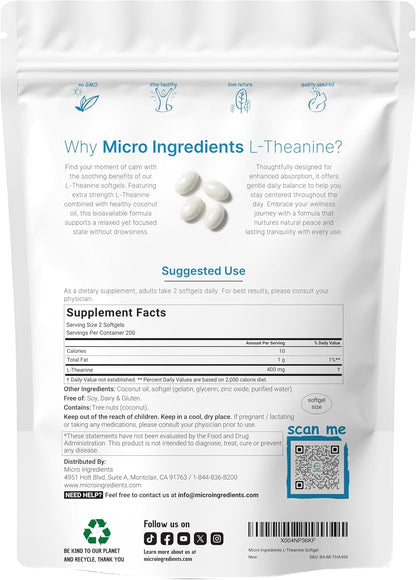 Micro Ingredients L-Theanine 400mg, 400 Soft gel capsules | Highly Bioavailable with Coconut Oil | Calm & Relaxation Support + Focus Supplement | Non-GMO, Gluten-free