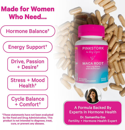 Pink Stork Maca Root Capsules for Women – Organic Maca with BioPerine for Hormonal Wellbeing & Energy