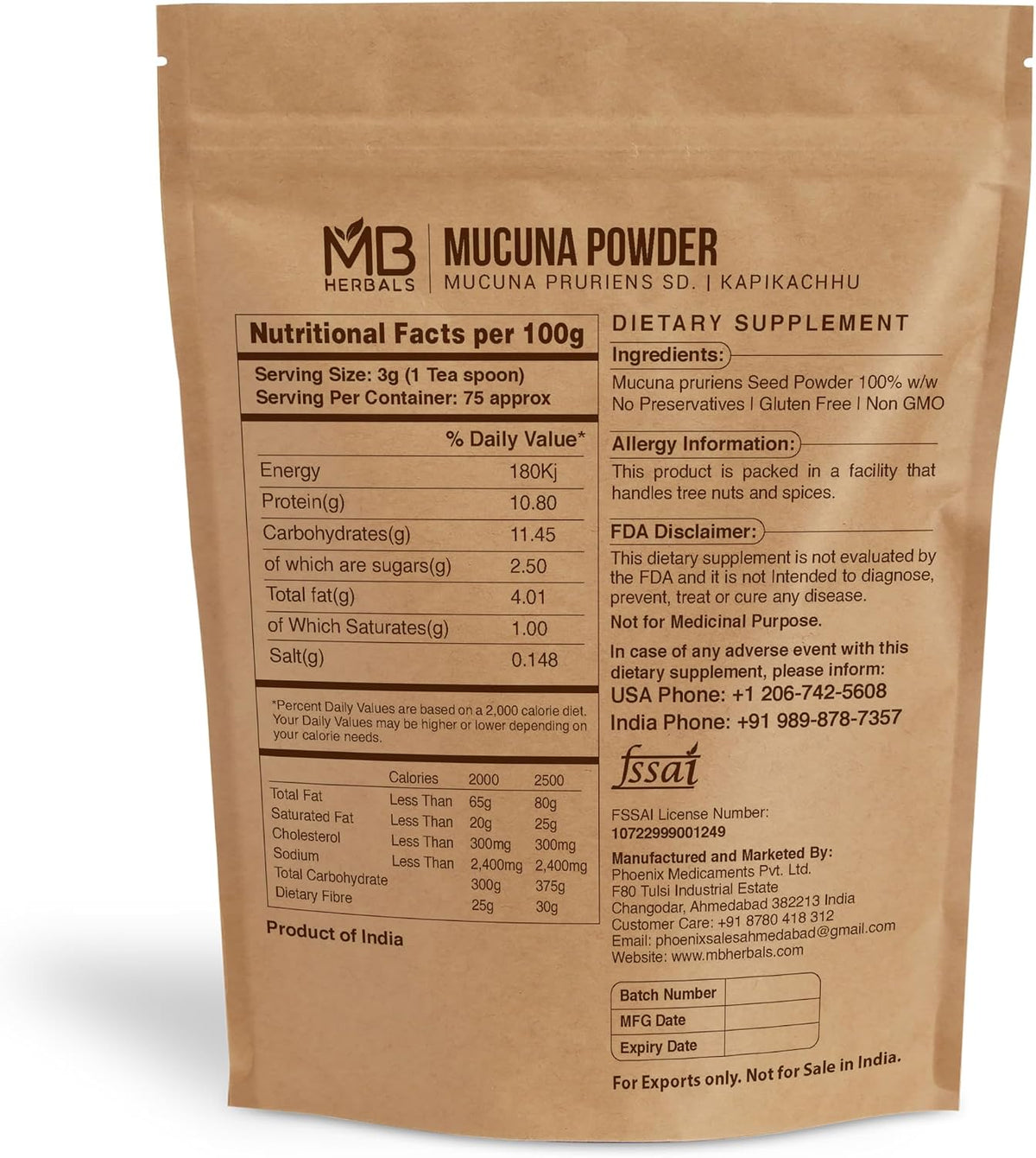 MB Herbals Mucuna Pruriens Powder – White Seed, 227 g – Pure & Natural, Non-GMO - görsel 2