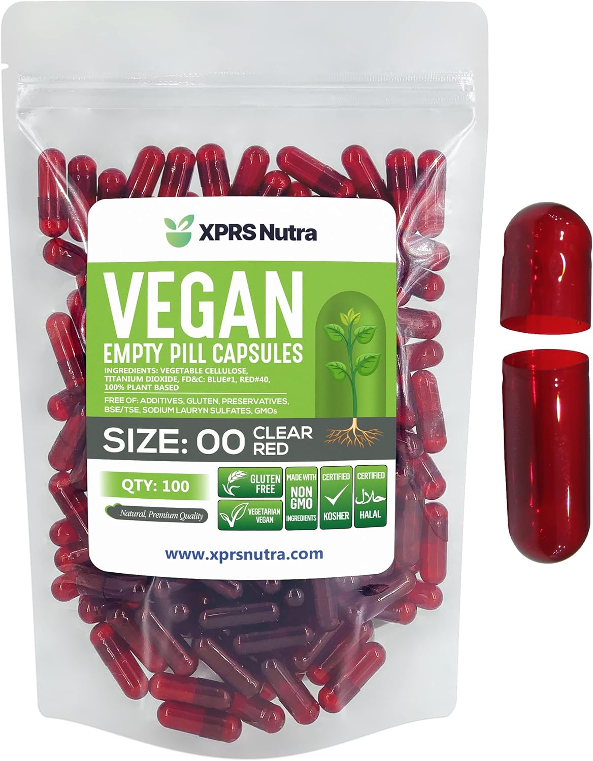 XPRS Nutra Size 00 Empty Vegan Capsules - 100 Capsules - Clear Red - görsel 1