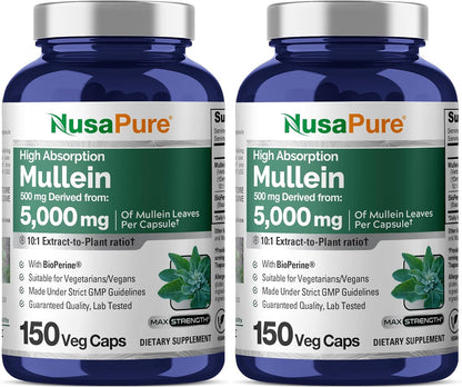 NusaPure Mullein Leaf Capsules, 500 mg, 150 Vegan Capsules (Non-GMO, Vegan)