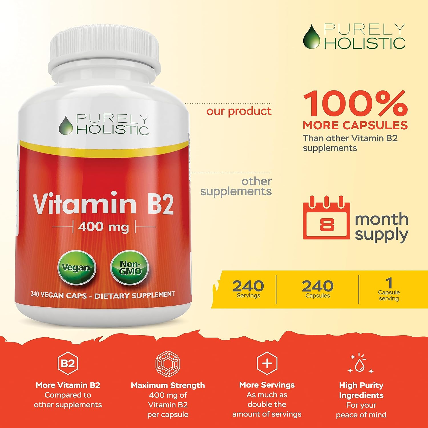 Purely Holistic Vitamin B2 Riboflavin 400mg - 240 Vegan Capsules (8 Month Supply) - görsel 2