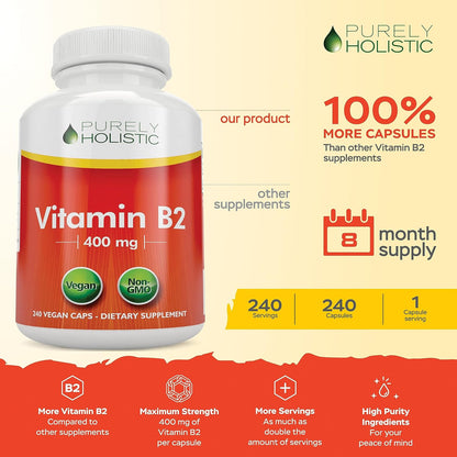 Purely Holistic Vitamin B2 Riboflavin 400mg - 240 Vegan Capsules (8 Month Supply)