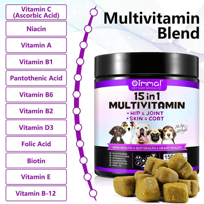 FUKEVY 15-in-1 Dog Multivitamin Soft Chews – Glucosamine, Probiotics & Joint Support (150 count)