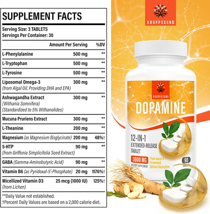Kroppssund Dopamine Supplement with L-Theanine & Ashwagandha, 12-in-1 Extended Release Formula, 3000mg Per Serving, 90 Tablets (2 Bottles)