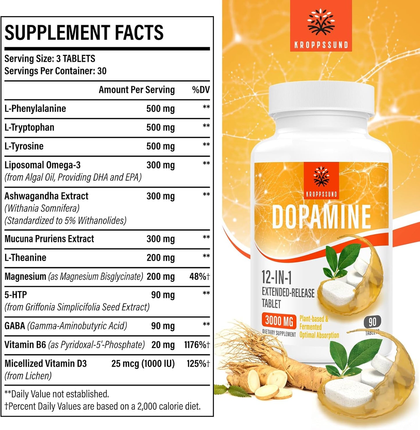 Kroppssund Dopamine Supplement with L-Theanine & Ashwagandha – 12-in-1 Prolonged Release Formula (90 Tablets) - görsel 6