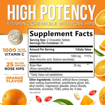 Nature's Peak Vitamin C 1000mg with Rose Hips - Chewable Tablets, Sugar-Free Orange Flavour, 120 Tablets