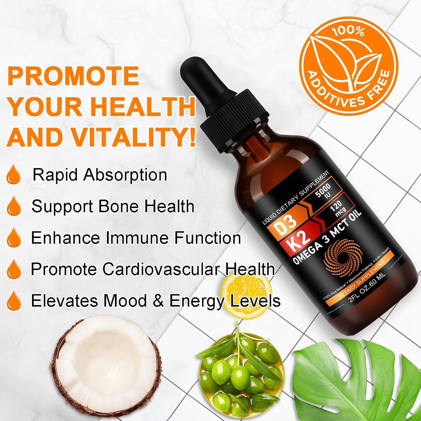 Daiasns Vitamin D3 5000 IU & K2 (MK-7) 120 mcg Liquid Drops with MCT Oil Omega-3 – 2 Month Supply - görsel 3