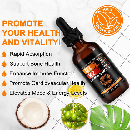 Daiasns Vitamin D3 5000 IU & K2 (MK-7) 120 mcg Liquid Drops with MCT Oil Omega-3 – 2 Month Supply
