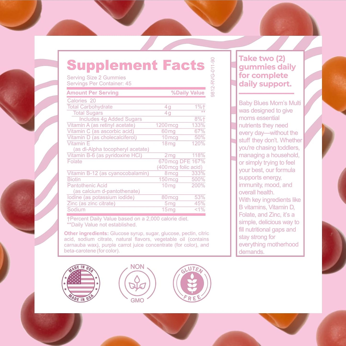 Baby Blues Multivitamin for Women - Daily Gummy Multivitamin for Mum with Biotin, B12, Folate, Vitamin D & Zinc - Hair, Skin & Nails, Energy & Immune Support - Iron Free, 90 Gummies - görsel 4