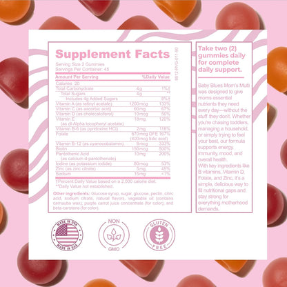 Baby Blues Multivitamin for Women - Daily Gummy Multivitamin for Mum with Biotin, B12, Folate, Vitamin D & Zinc - Hair, Skin & Nails, Energy & Immune Support - Iron Free, 90 Gummies