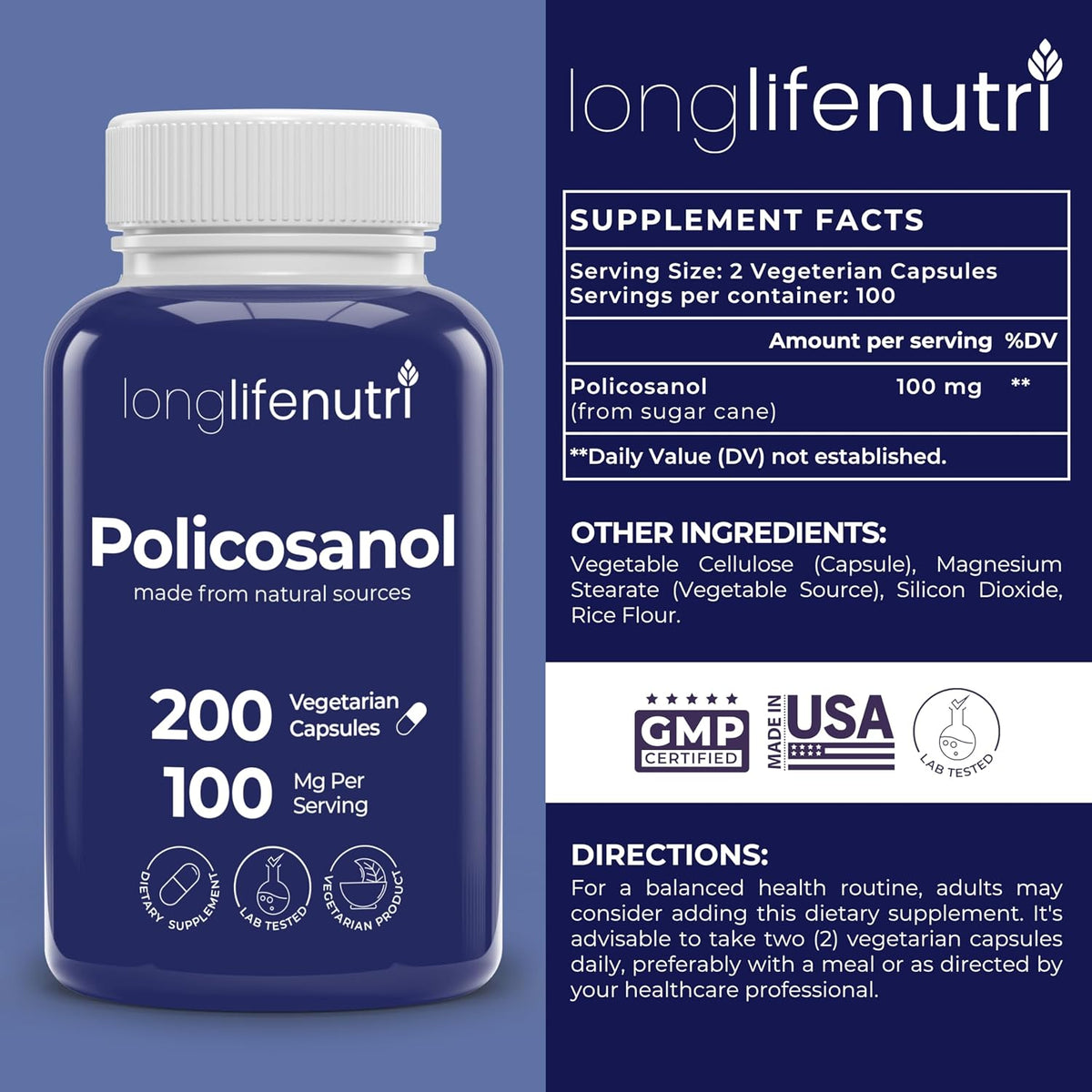 LongLifeNutri Policosanol 100mg - 200 Vegetarian Capsules - görsel 2
