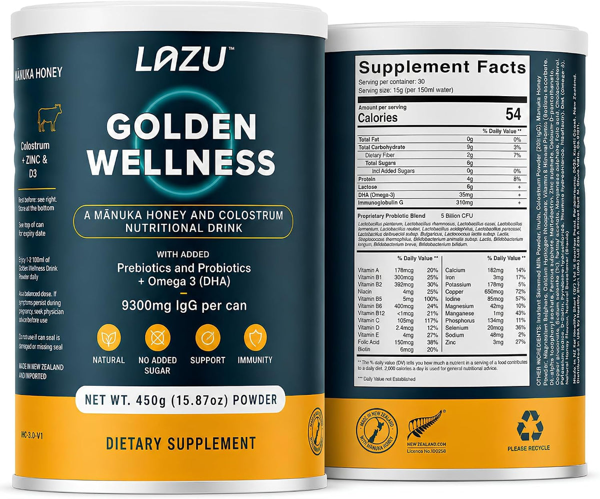 Lazu Golden Wellness Colostrum Supplement - Grass-Fed Bovine Colostrum with Manuka Honey, Probiotics & Omega-3 (450g) - görsel 2